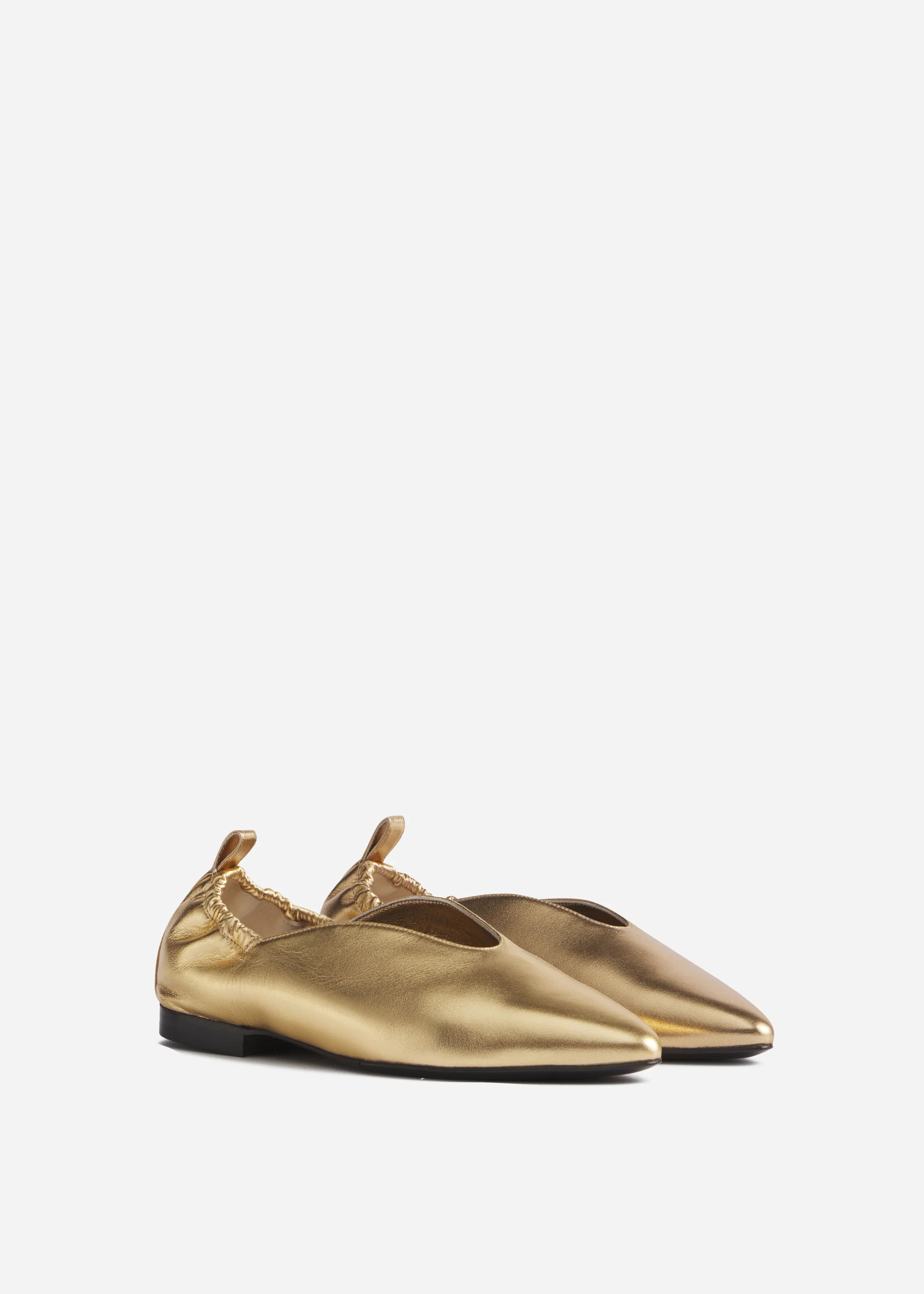 Leather Ruched Back Pointed Flat - Gold
