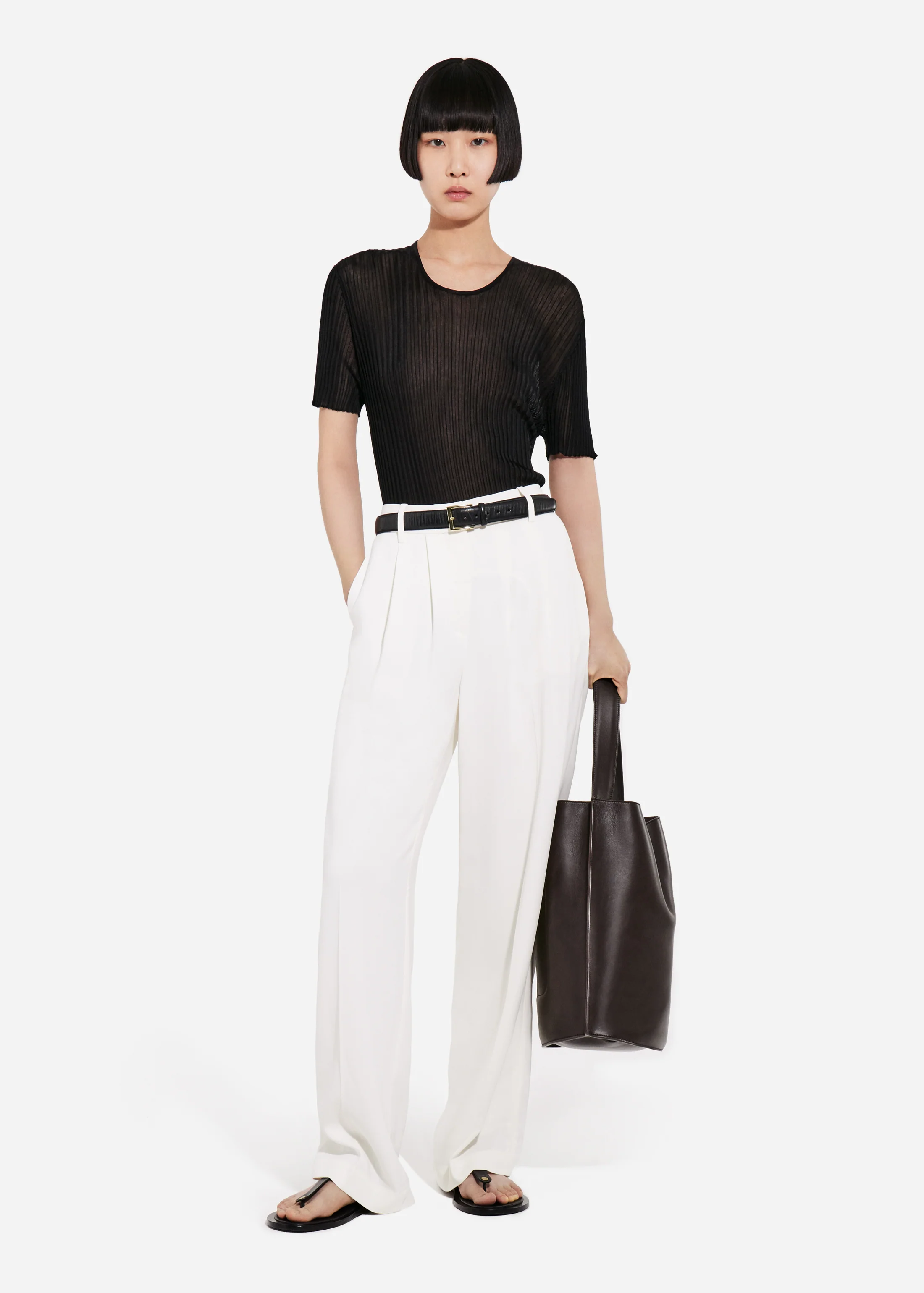 Sheer Rib T-Shirt in Viscose - Black