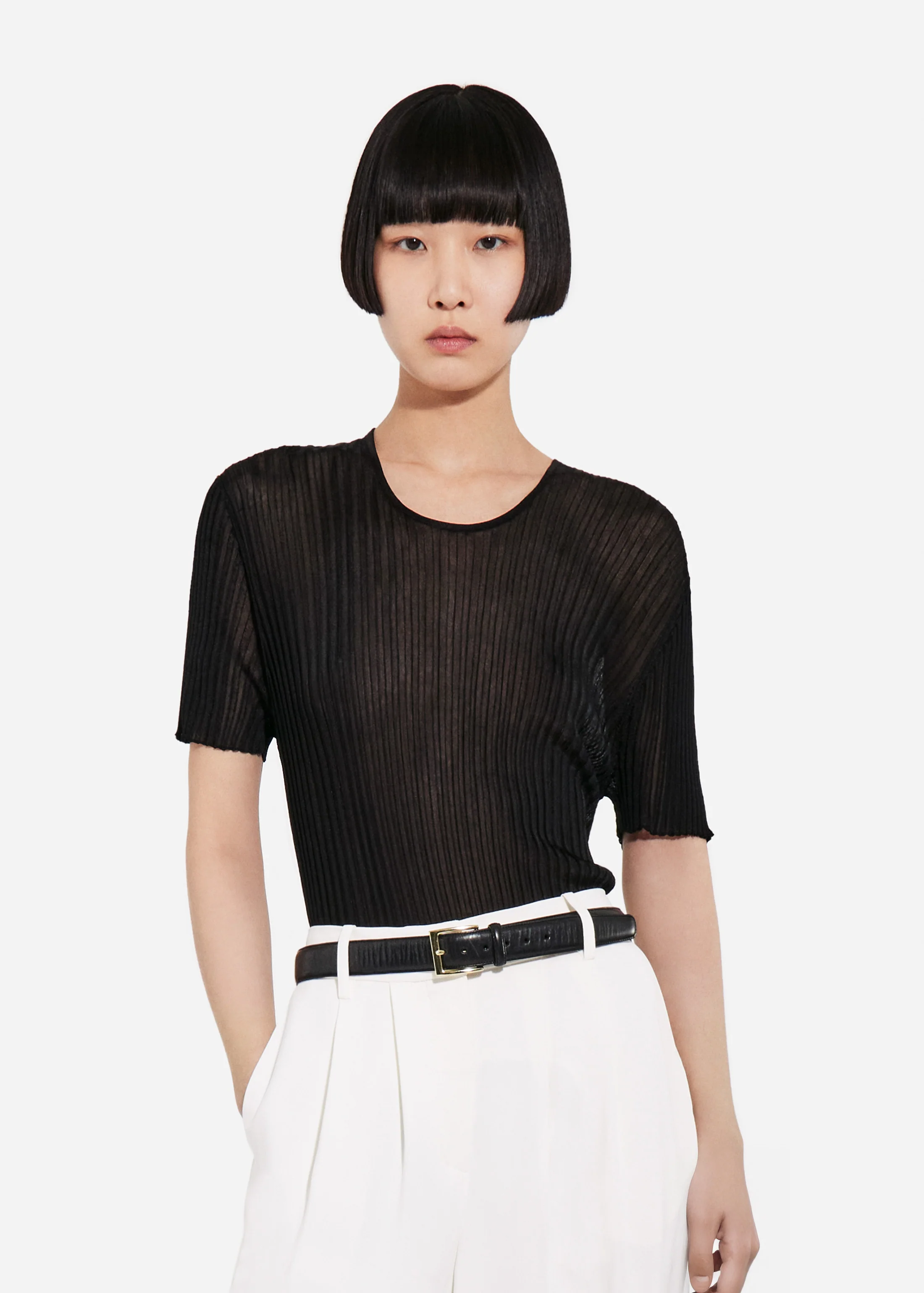 Sheer Rib T-Shirt in Viscose - Black