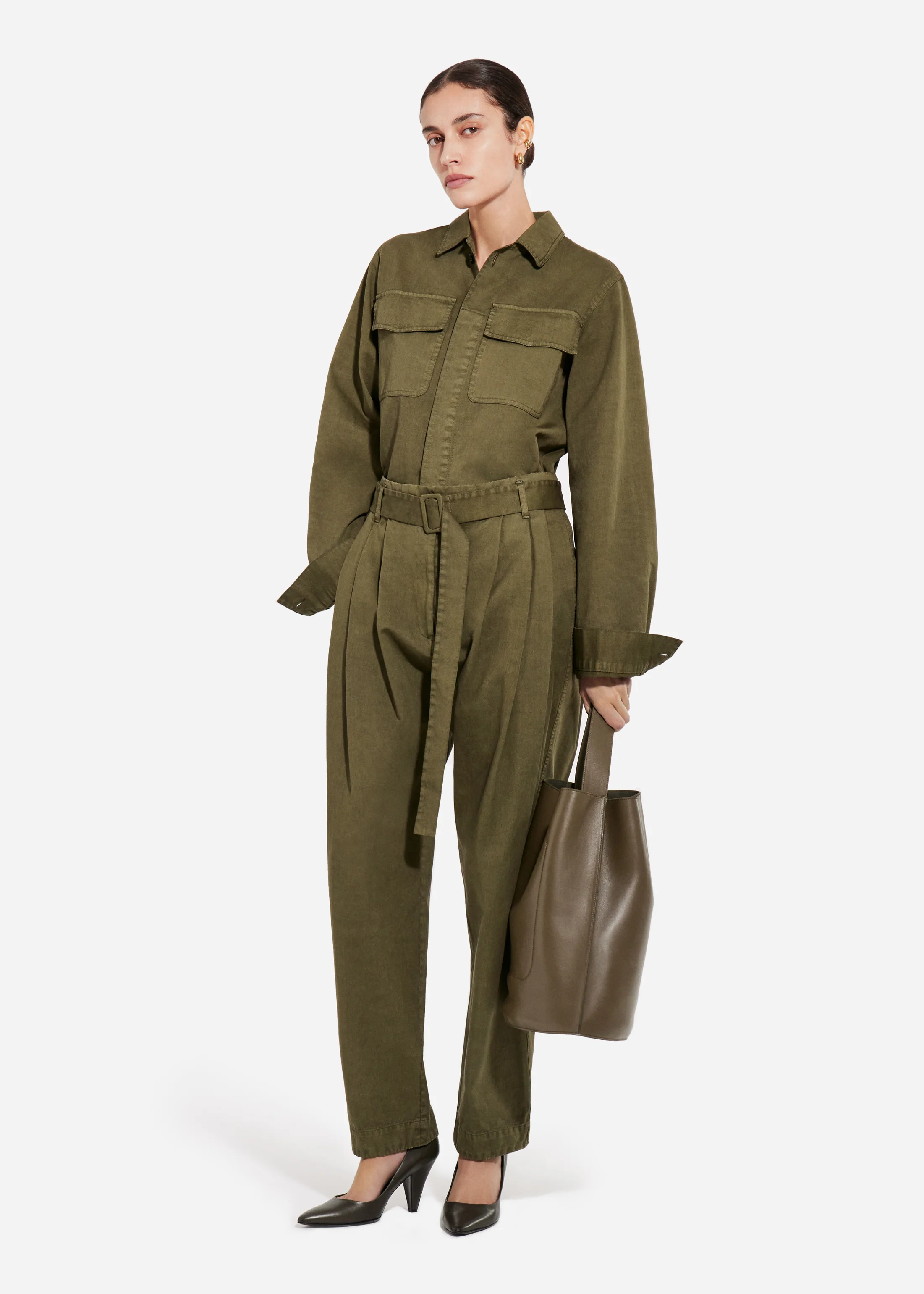 Garment Dyed Pleated Pant in Cotton - Avocado