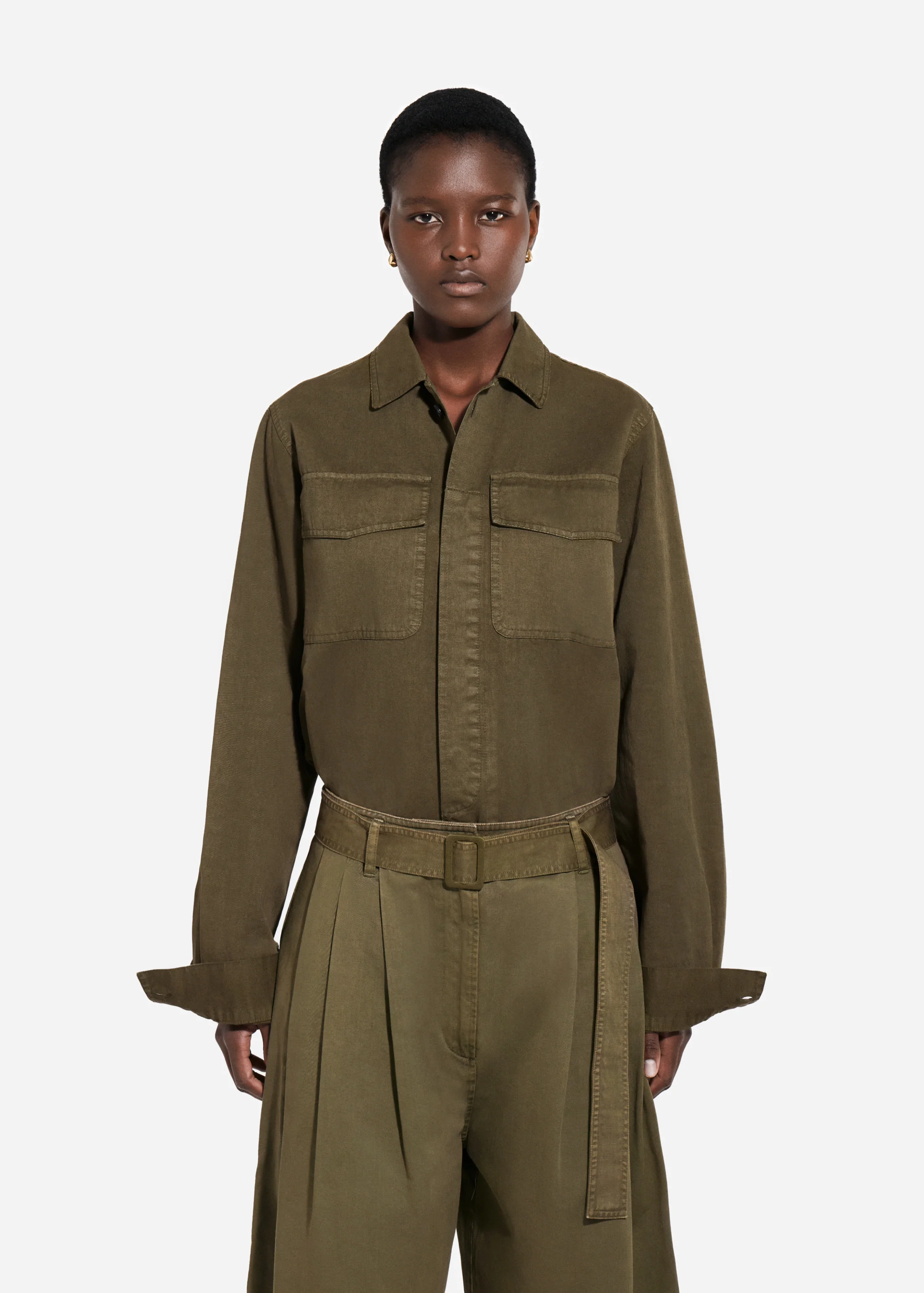 Garment Dyed Shirt Jacket in Cotton - Avocado
