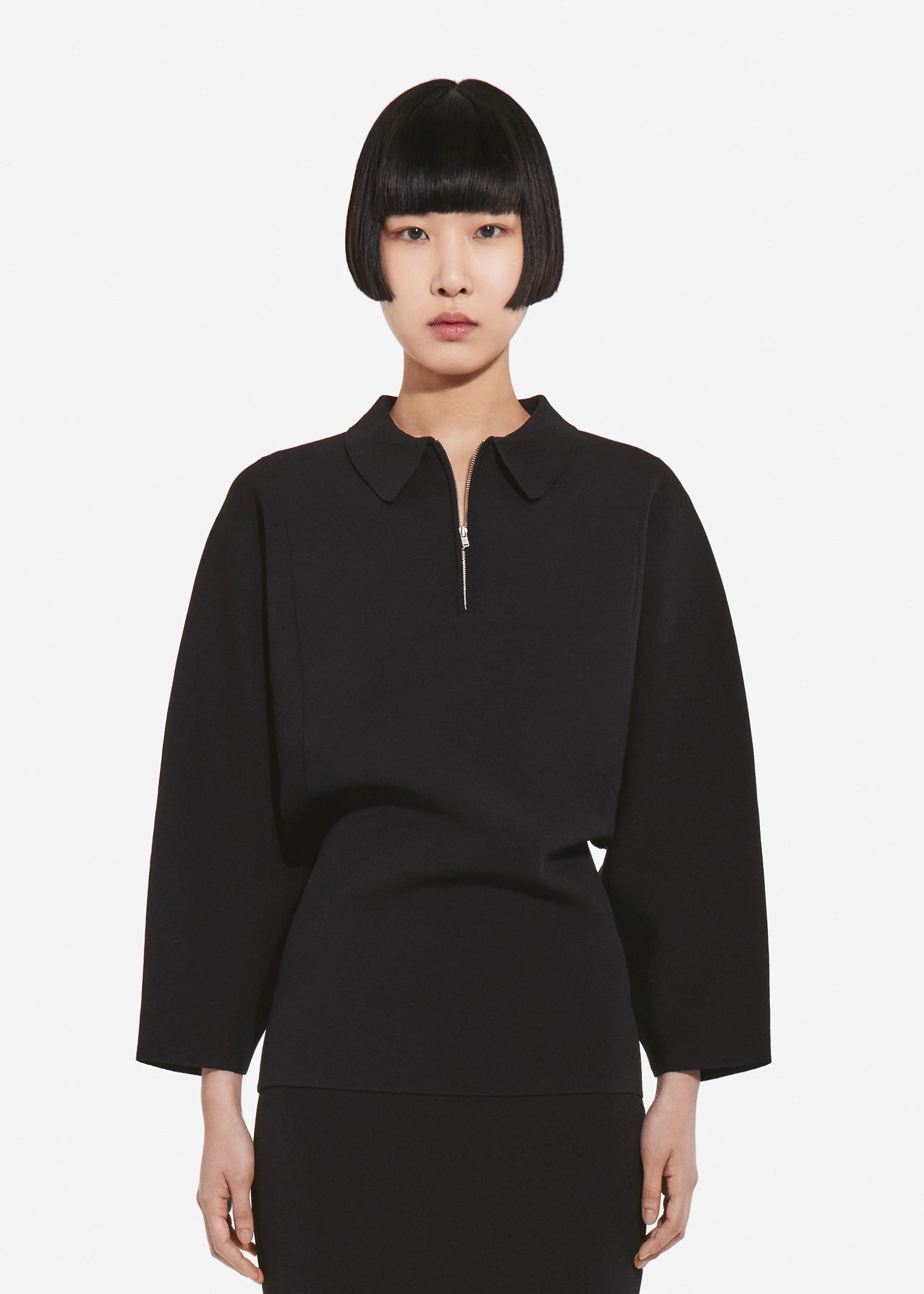 Collared Zipper Polo Top in Stretch Knit - Black