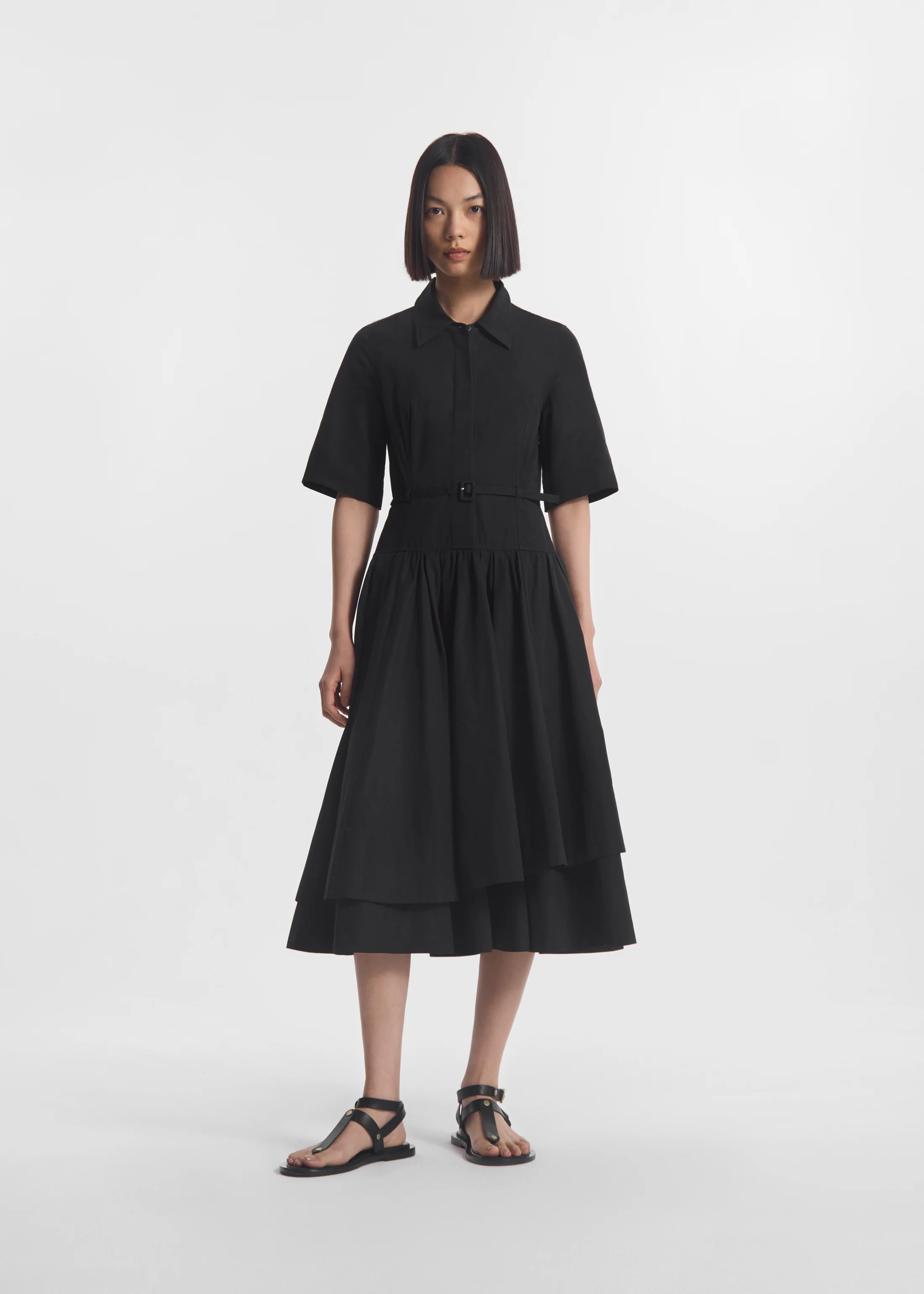 Short Sleeve Belted Dress in Cotton Poplin -  Black