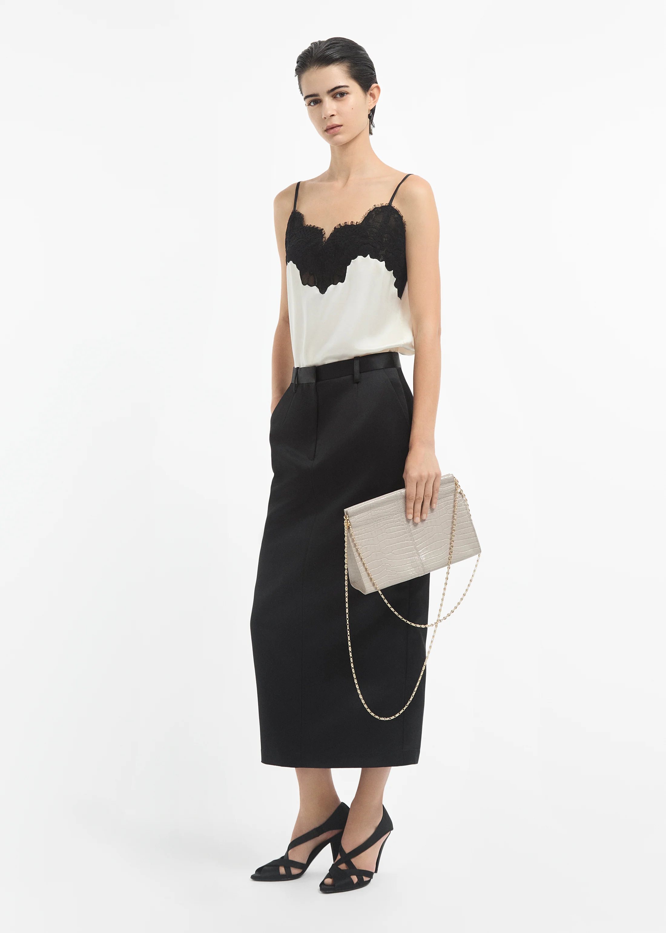 Tailored Pencil Skirt in Duchess Satin - Black
