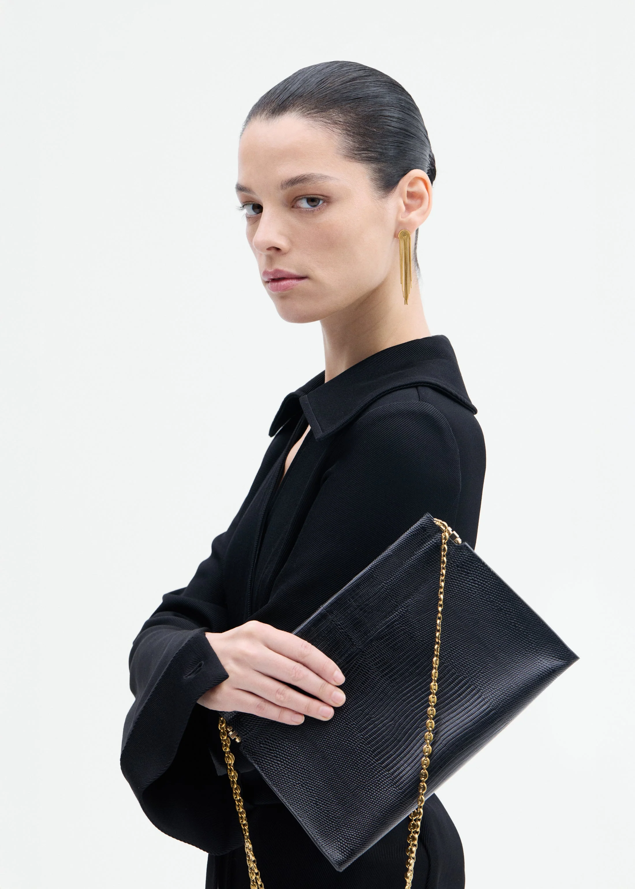 Small Leather Clutch with Chain - Black