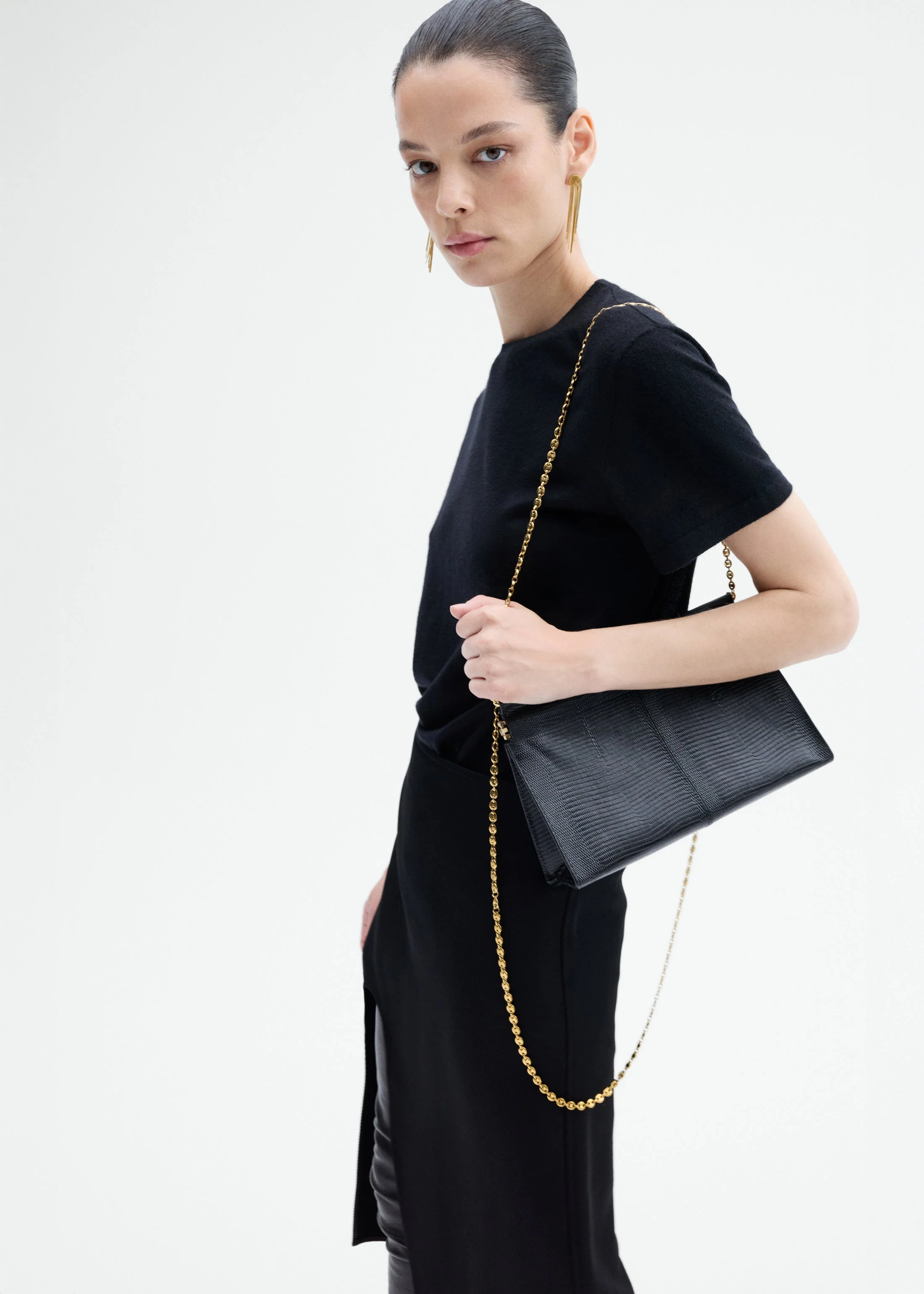 Small Leather Clutch with Chain - Black