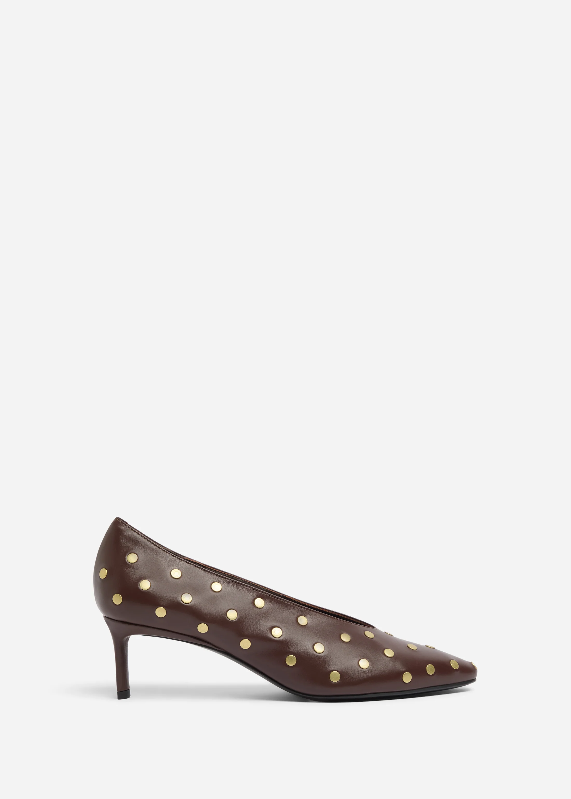 Studded Kitten Heel in Calf Skin Leather - Chocolate