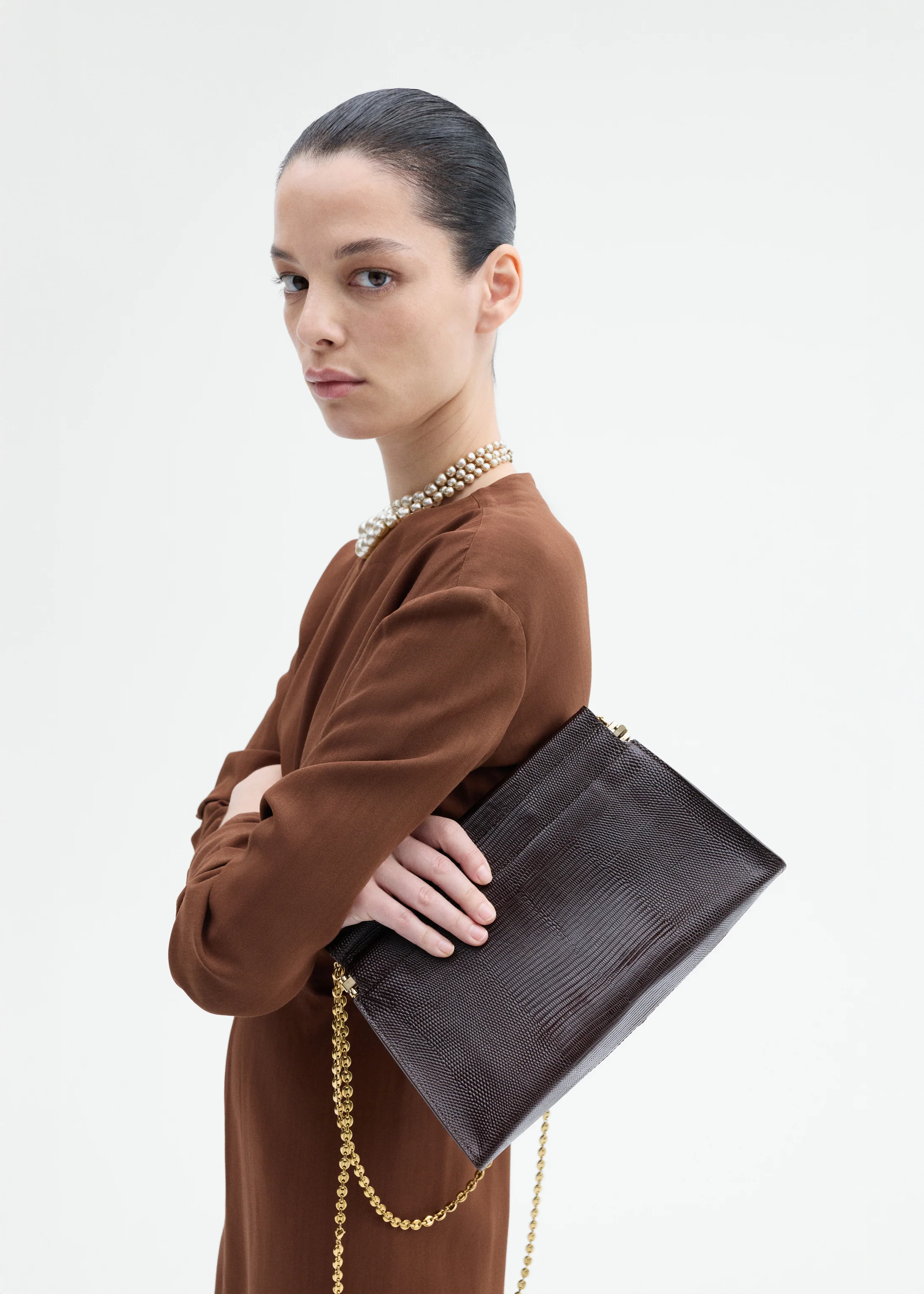 Small Leather Clutch with Chain - Espresso