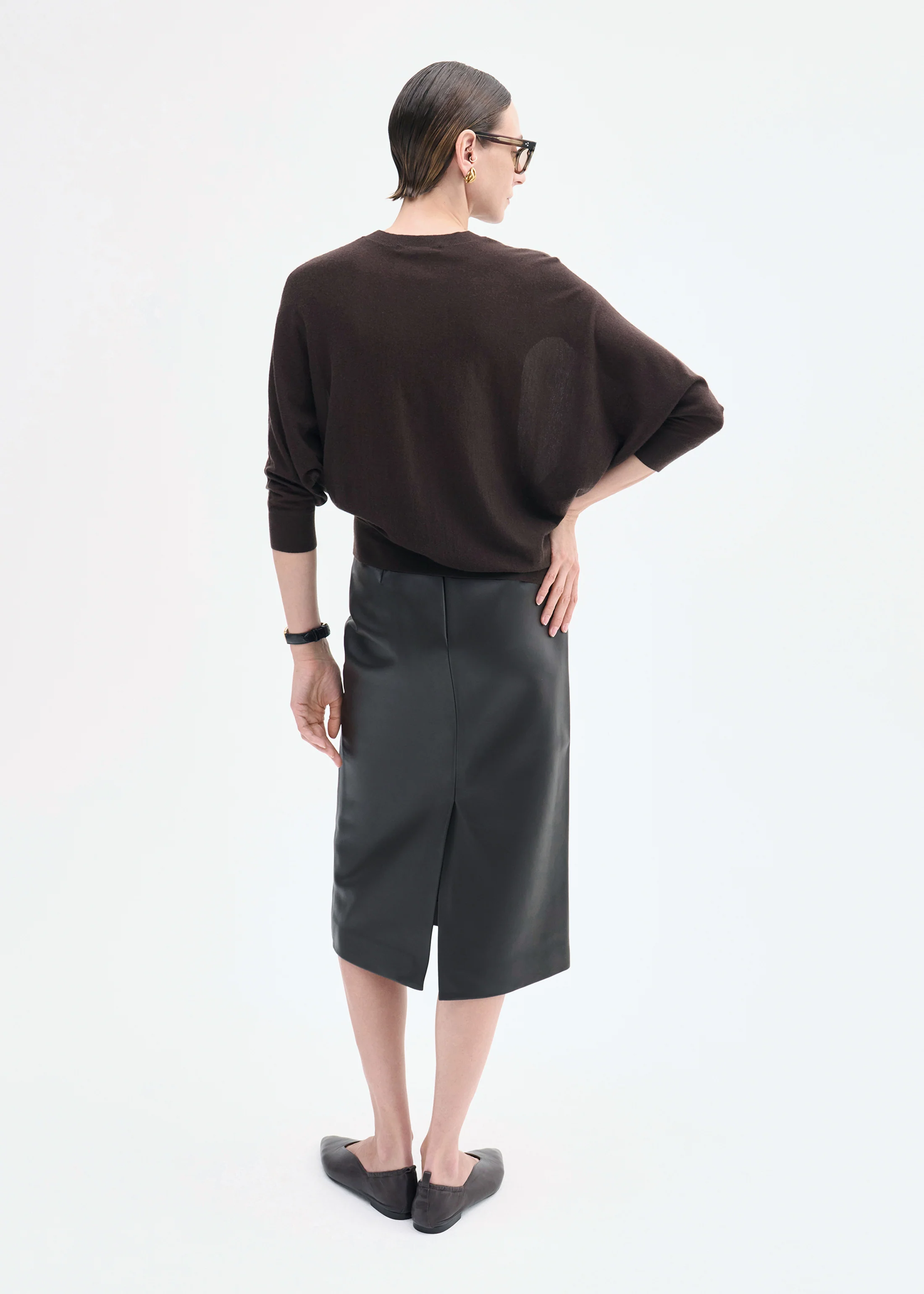 Midi Pencil Skirt in Leather - Chocolate