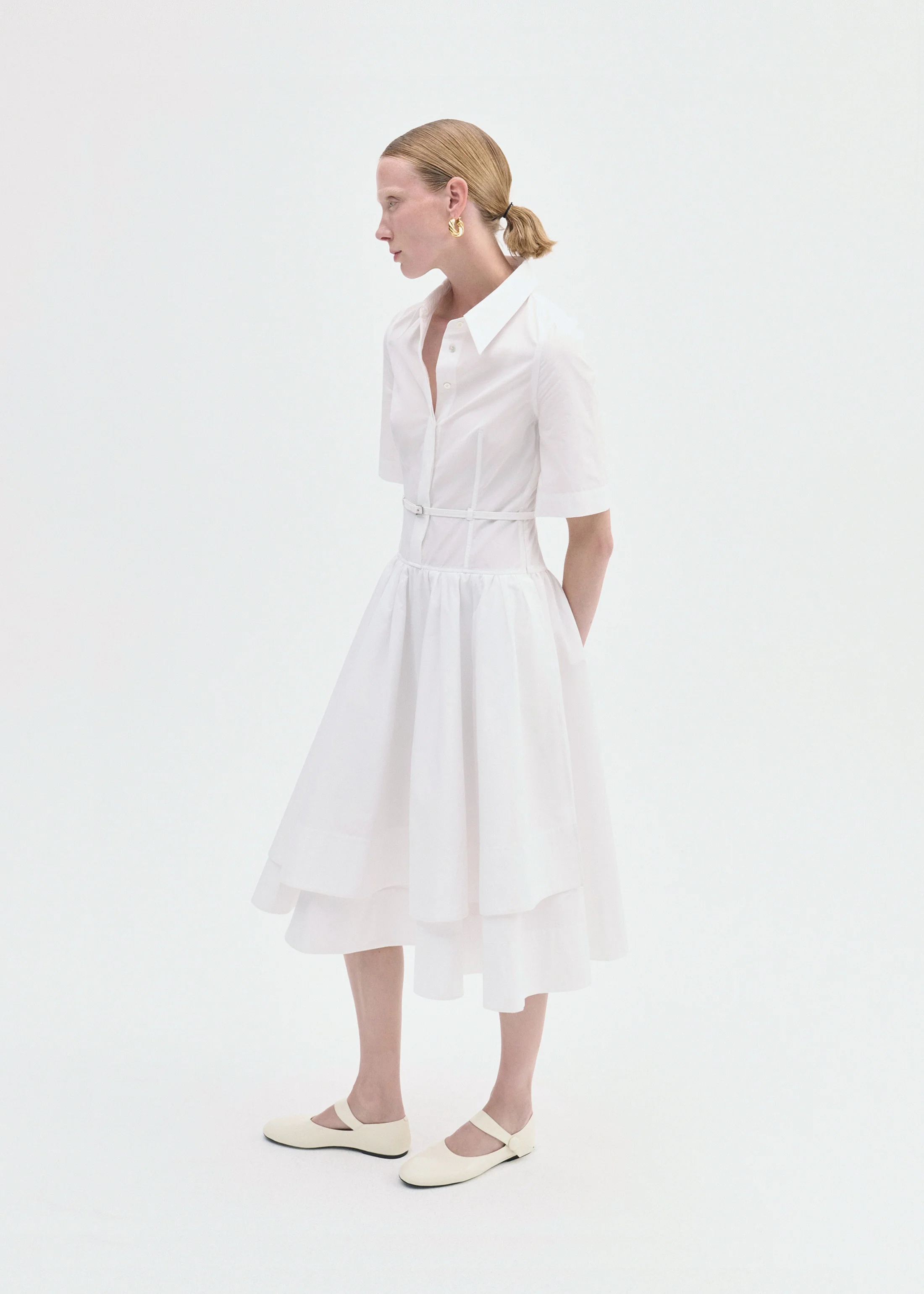 Short Sleeve Belted Dress in Cotton Poplin - White