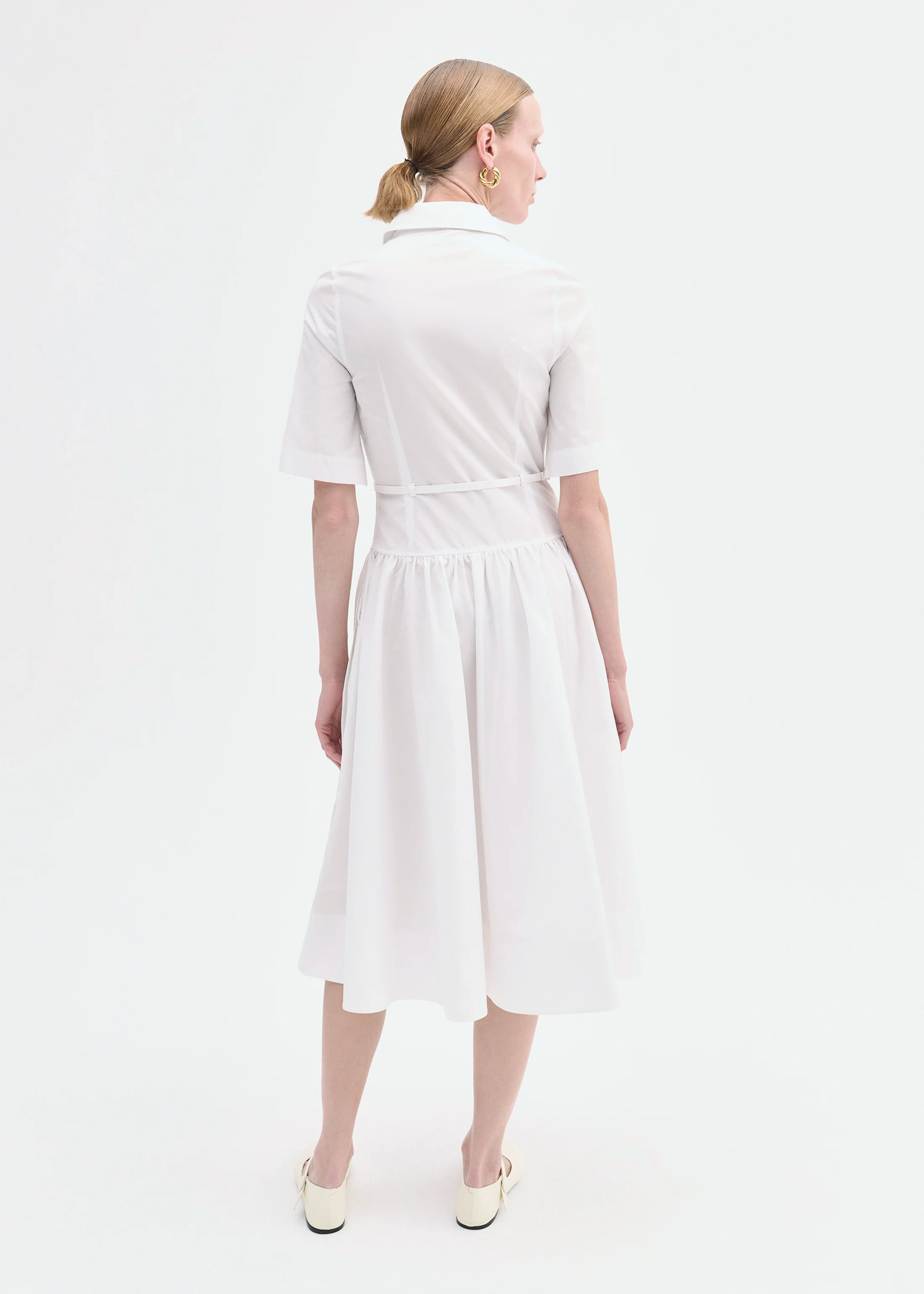 Short Sleeve Belted Dress in Cotton Poplin - White