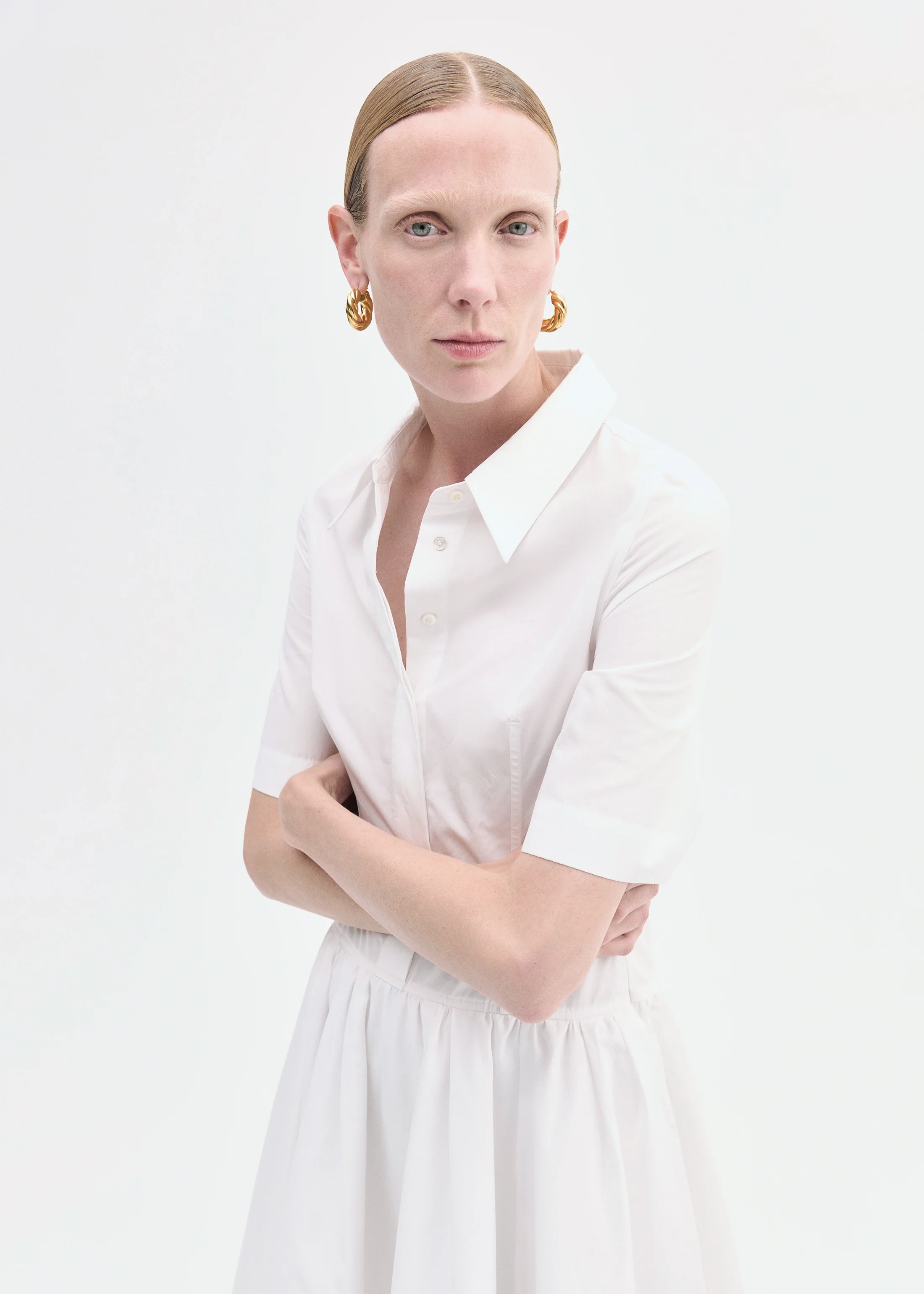 Short Sleeve Belted Dress in Cotton Poplin - White