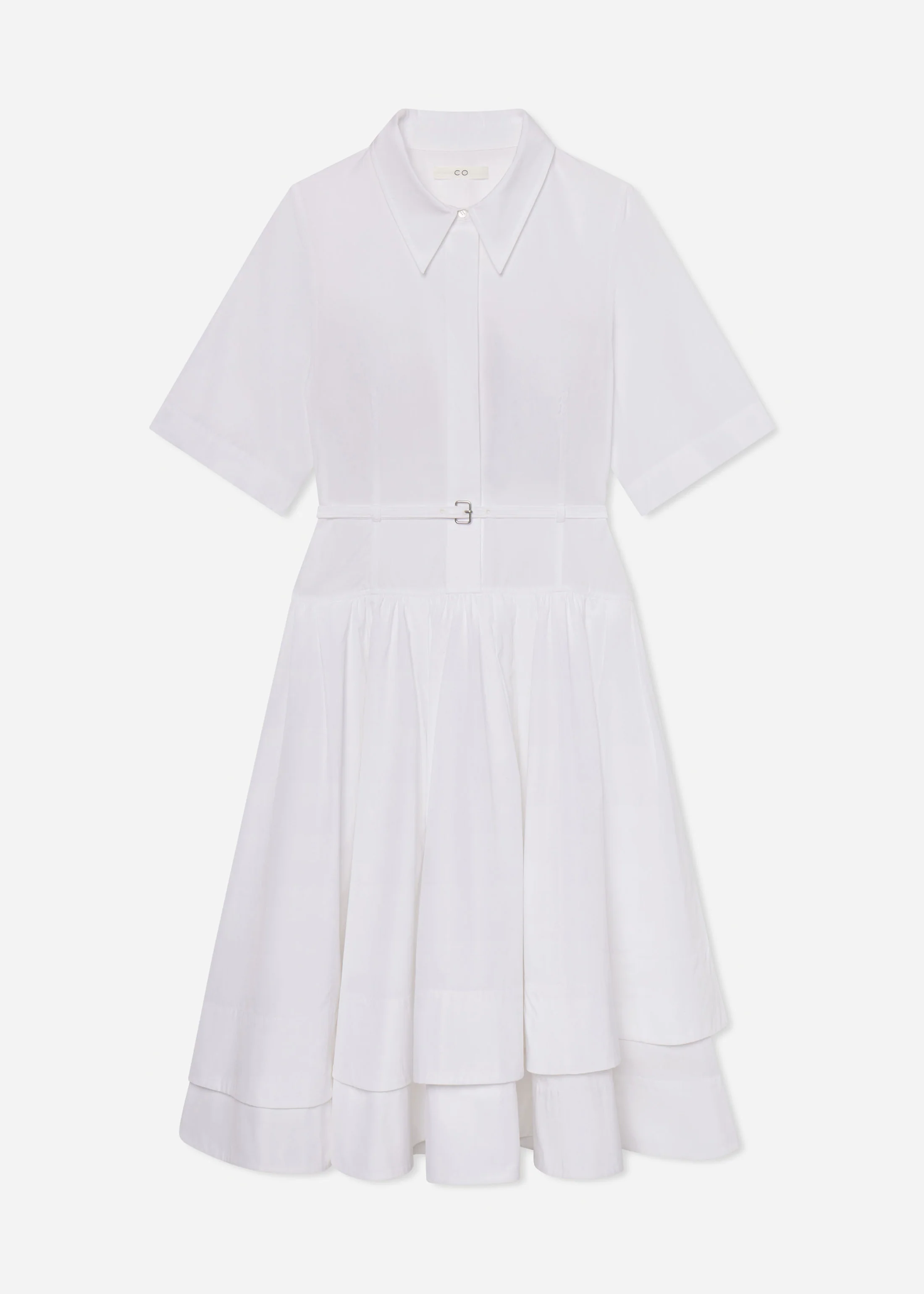 Short Sleeve Belted Dress in Cotton Poplin - White