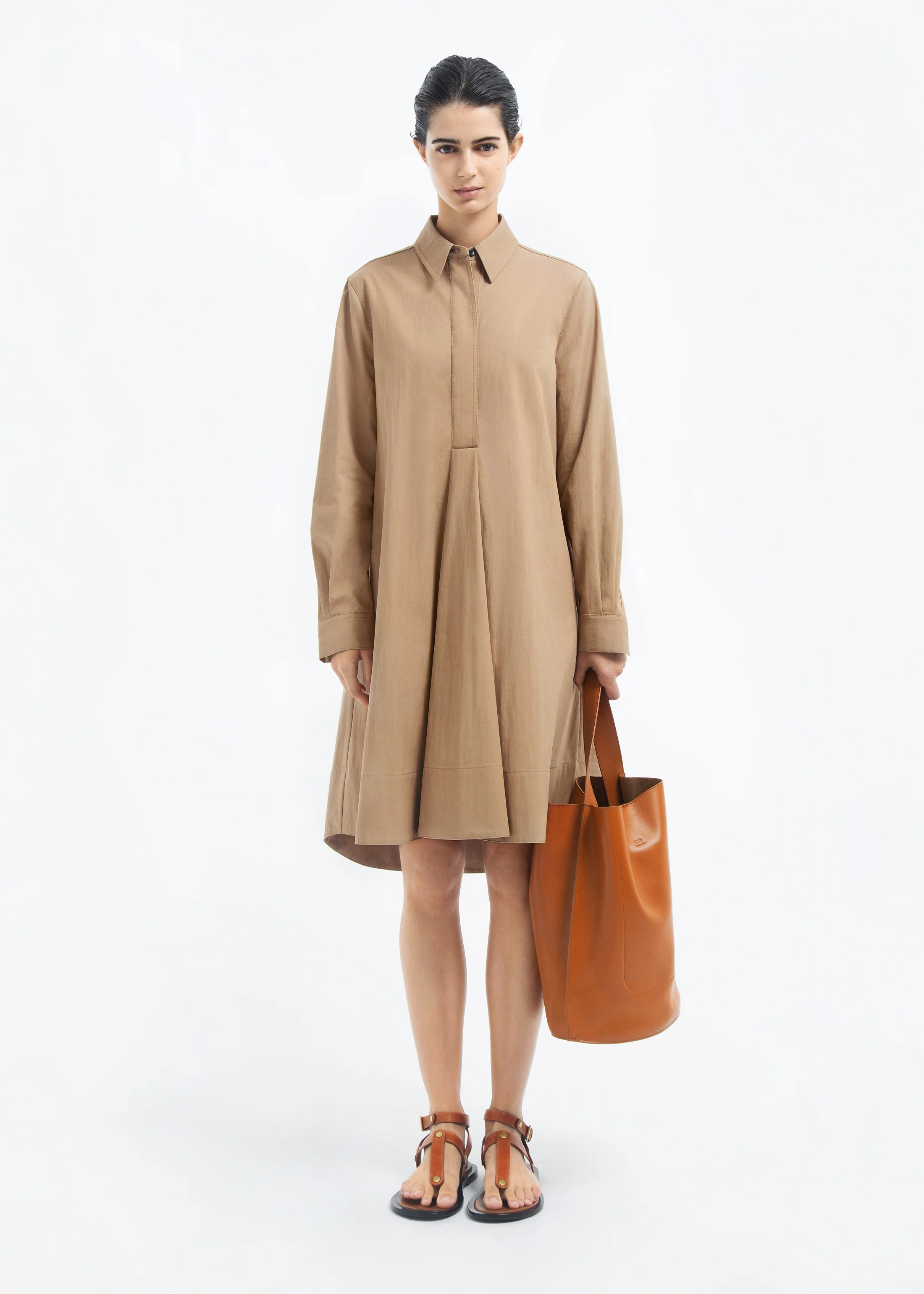 A-line Shirt Dress in Cotton Twill - Camel