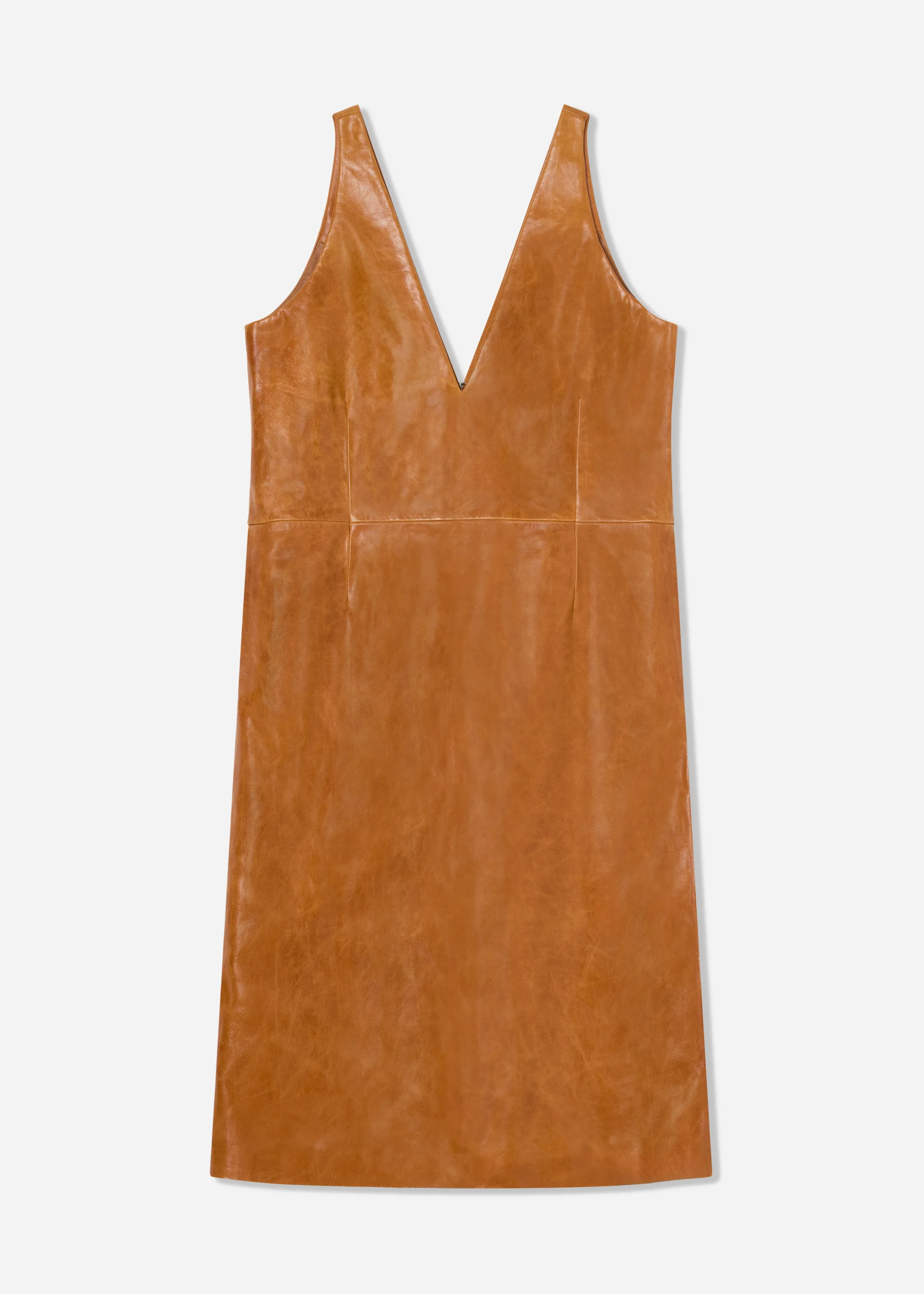 V-Neck Dress in Leather - Cognac
