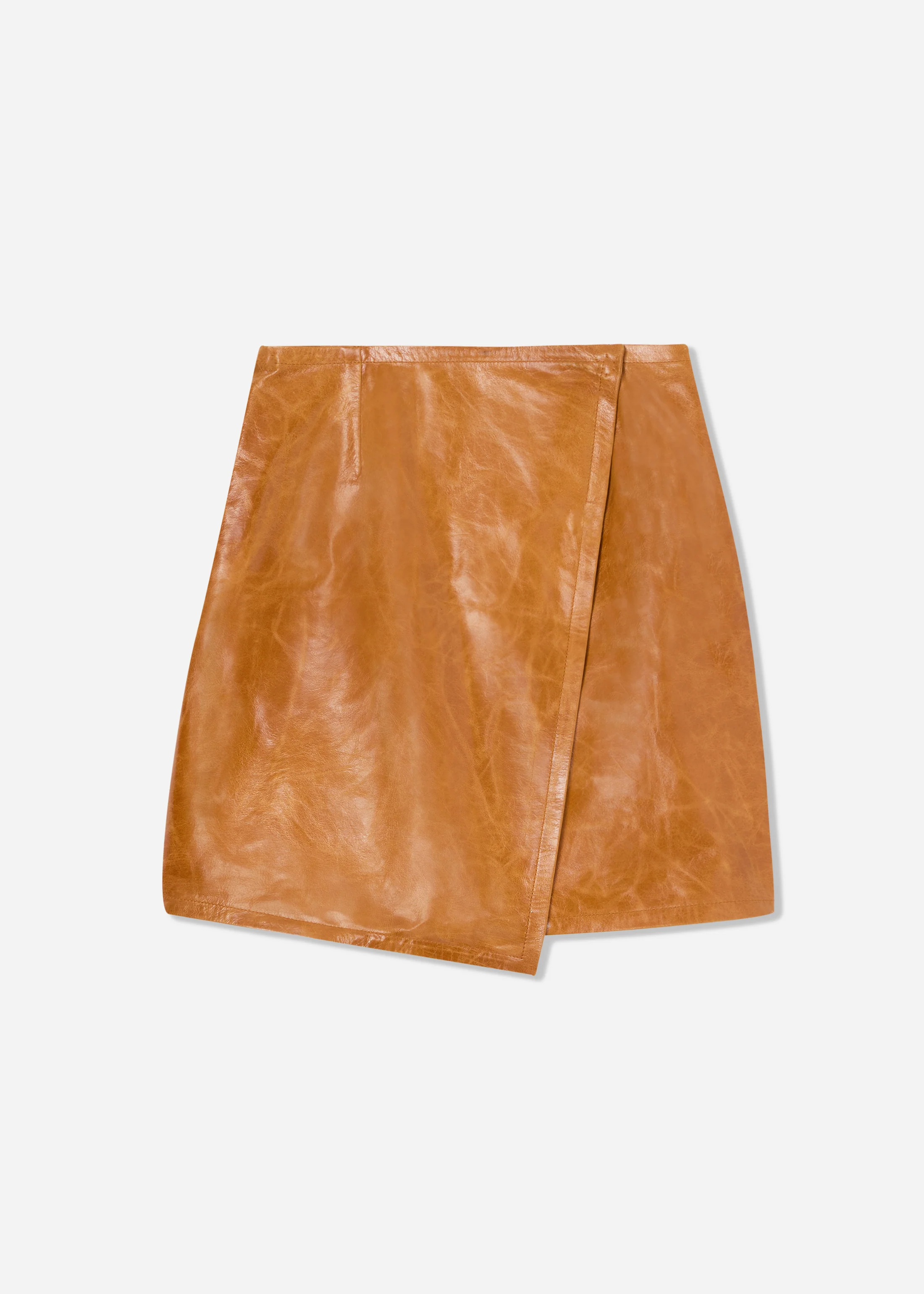 Wrap Mini Skirt in Leather - Cognac
