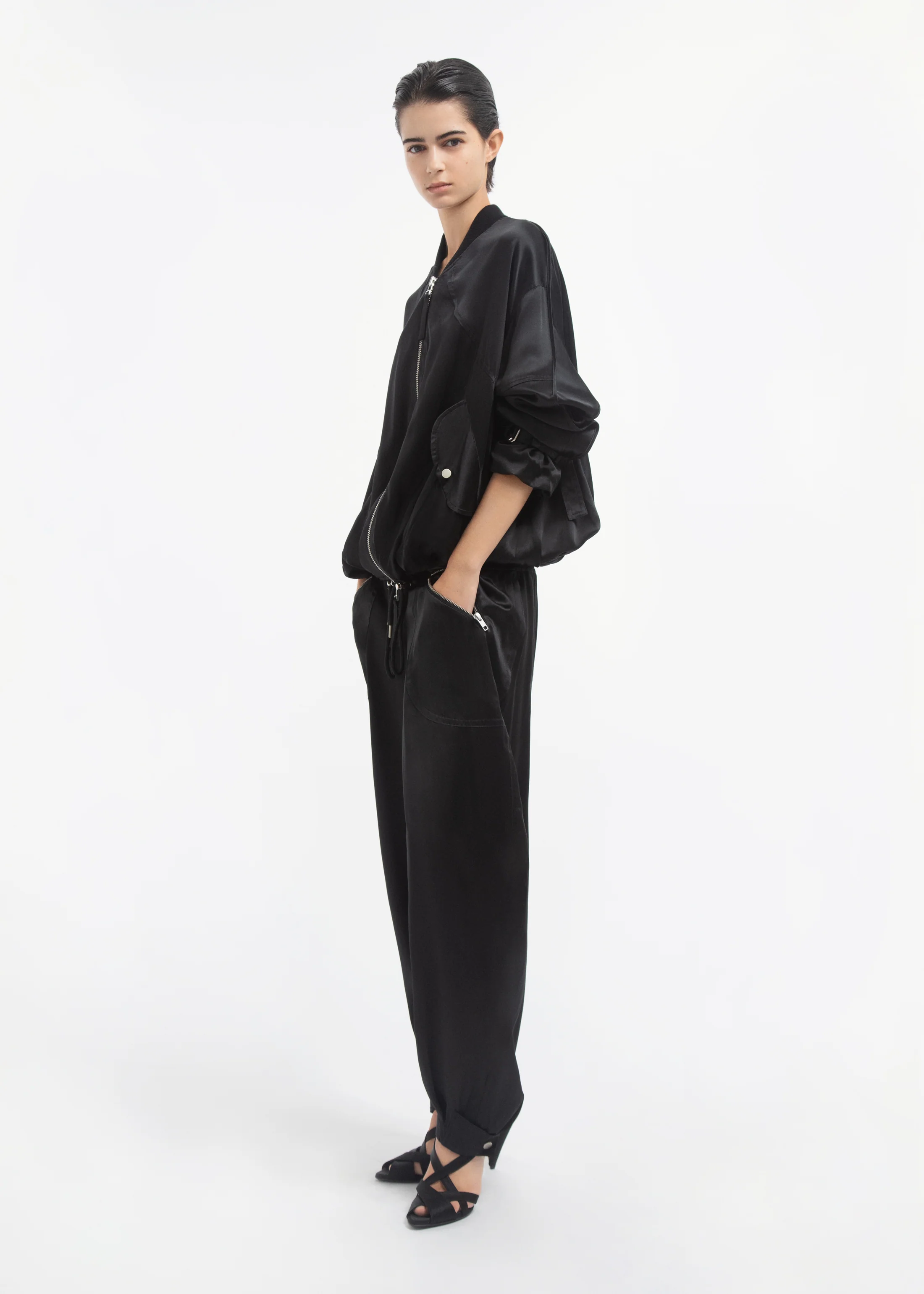 Sports Bomber in Silk Charmeuse - Black