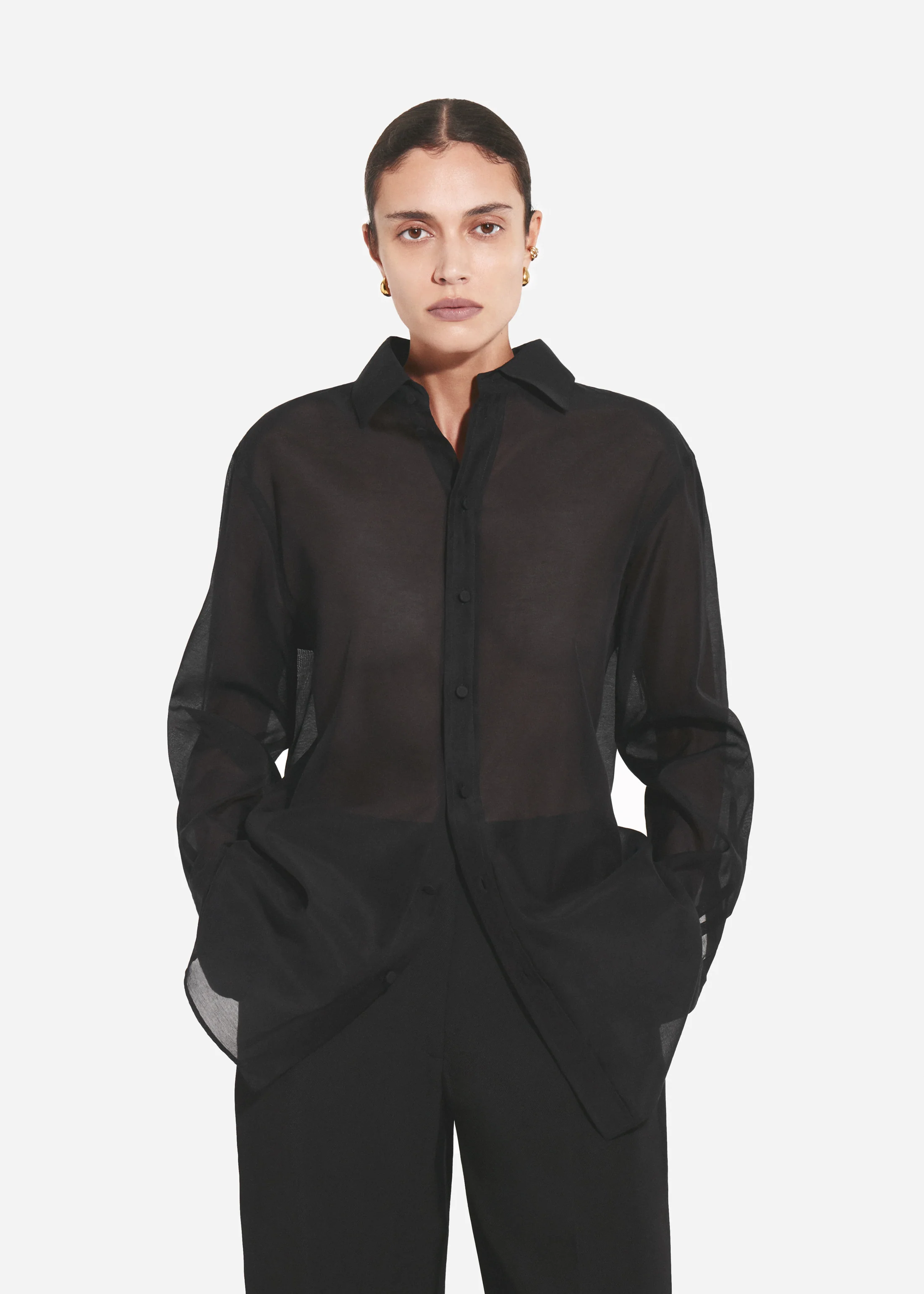 Mens Collared Shirt in Cotton Silk Voile - Black