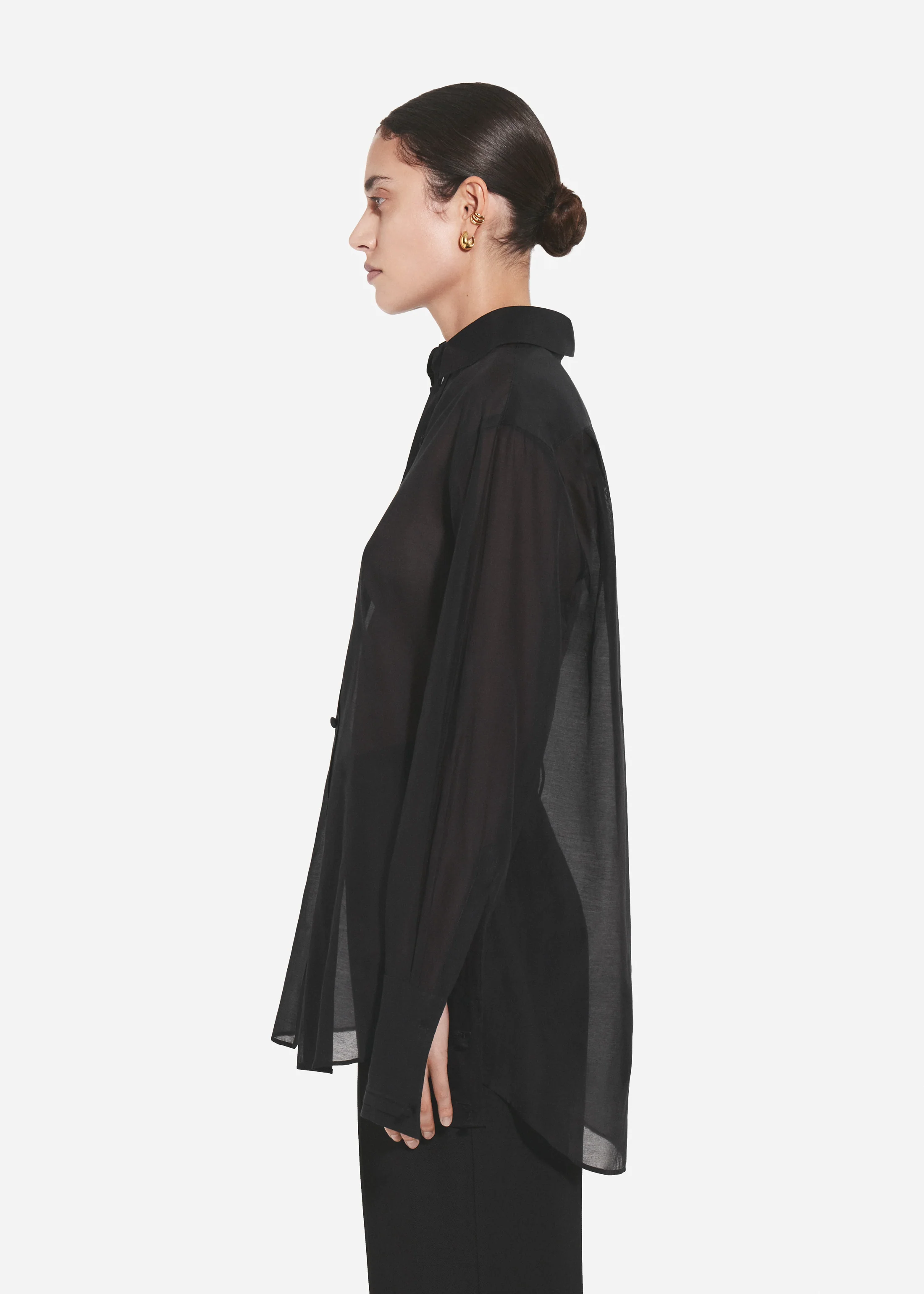 Mens Collared Shirt in Cotton Silk Voile - Black