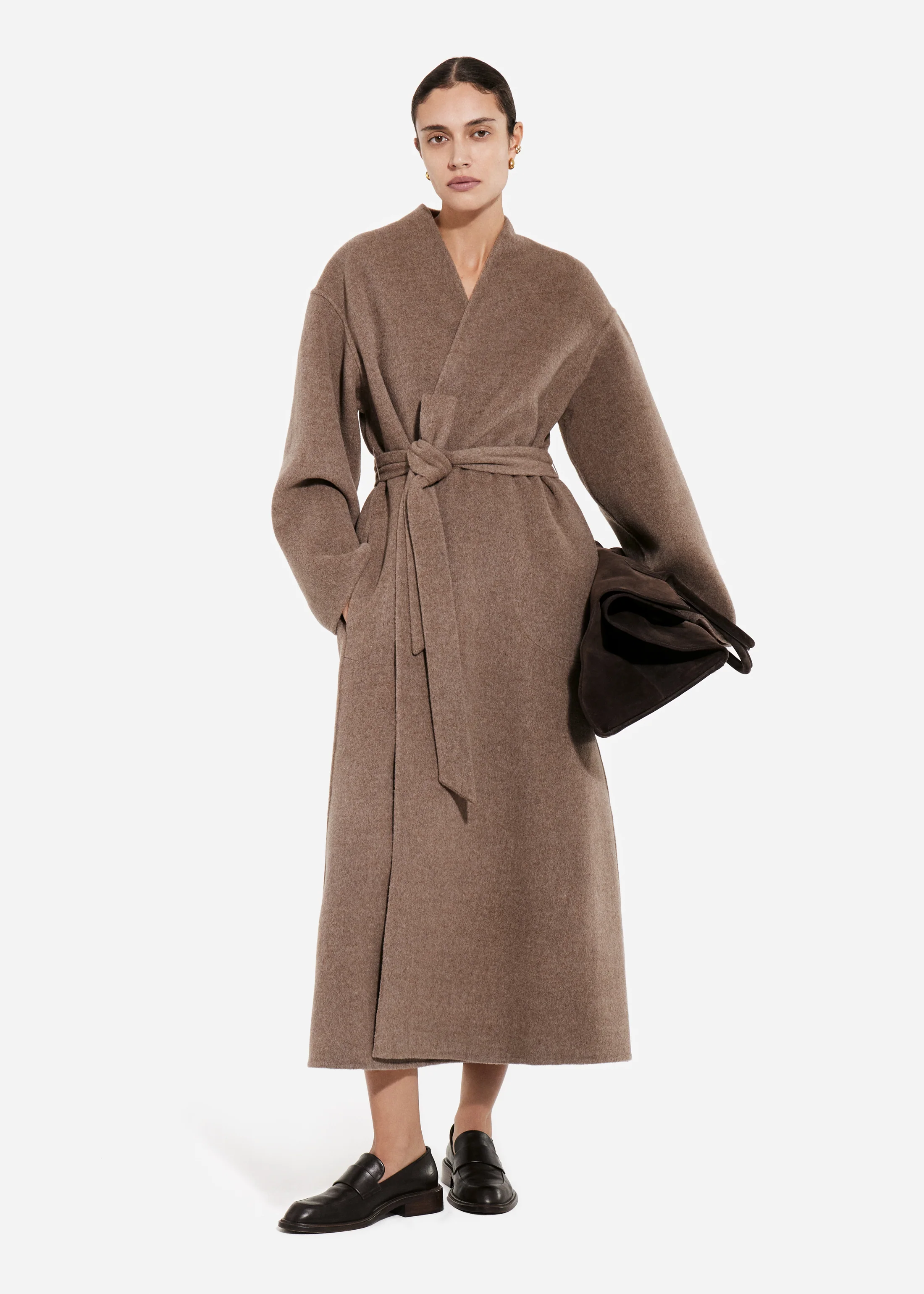 Wrap Coat in Double Faced Wool Cashmere  - Brown Melange