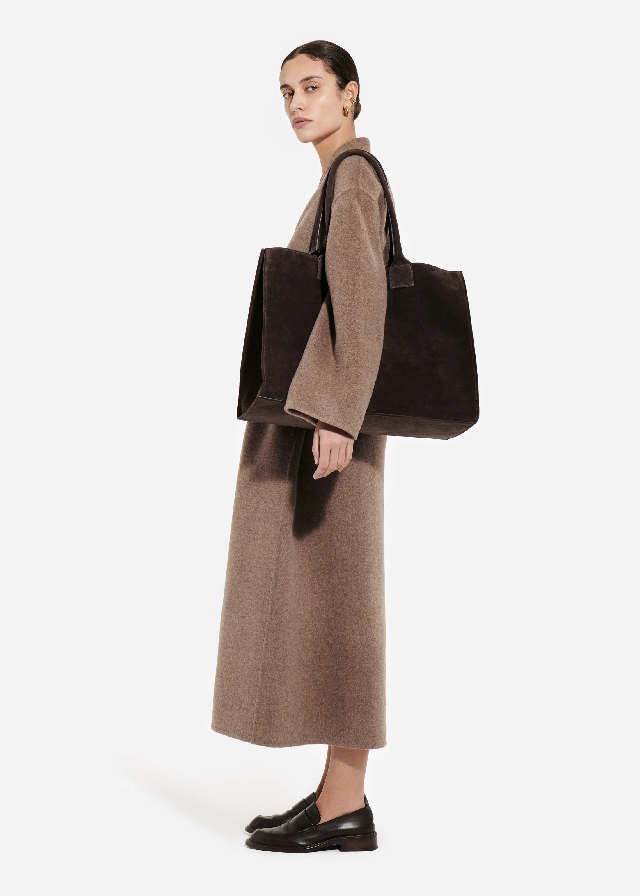 Wrap Coat in Double Faced Wool Cashmere  - Brown Melange