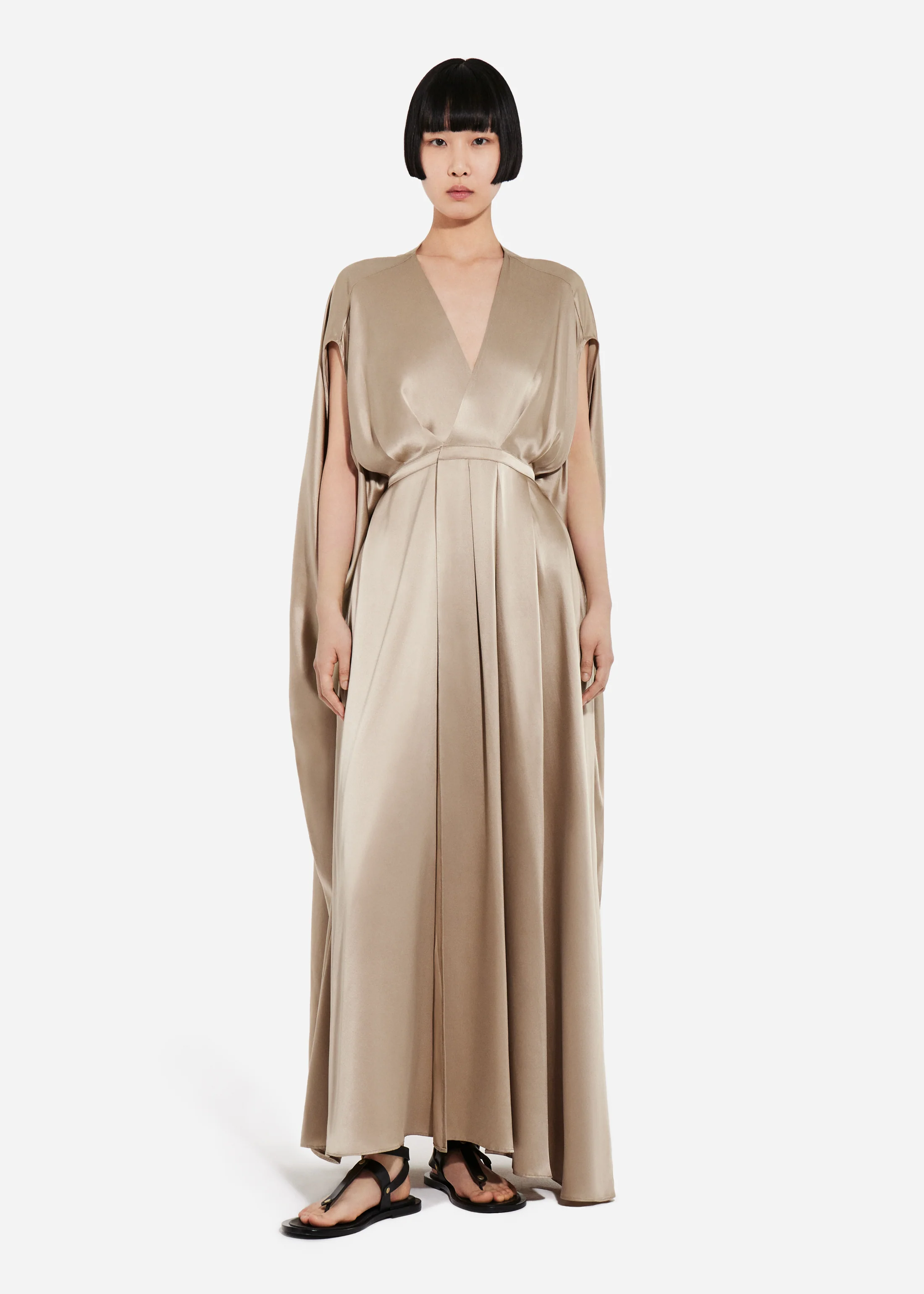 383-caped-back-dress-in-silk-charmeuse-sesame-1.webp Caped Back Dress in Silk Charmeuse - Sesame