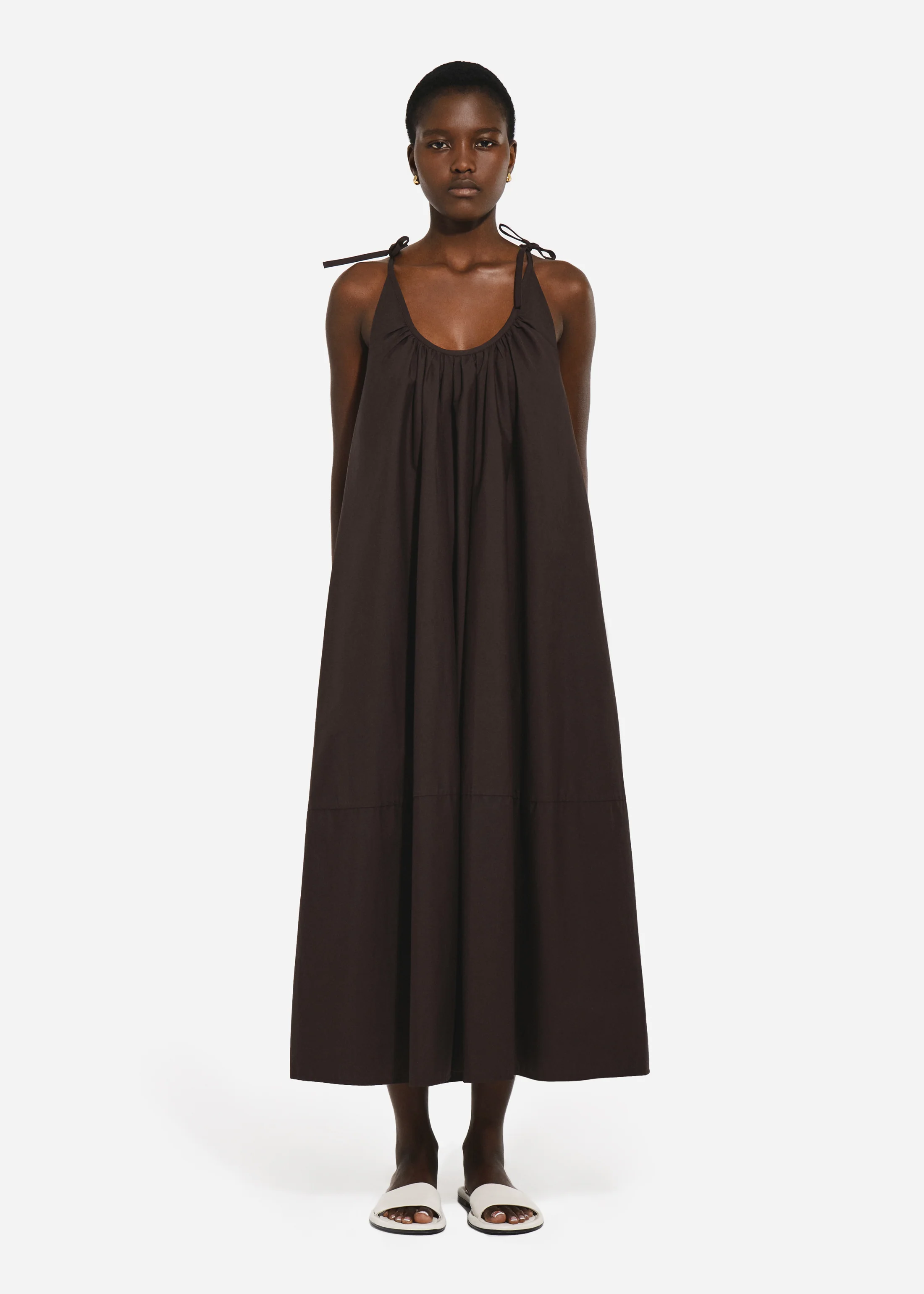 Gathered Halter Dress in Cotton Poplin - Chocolate