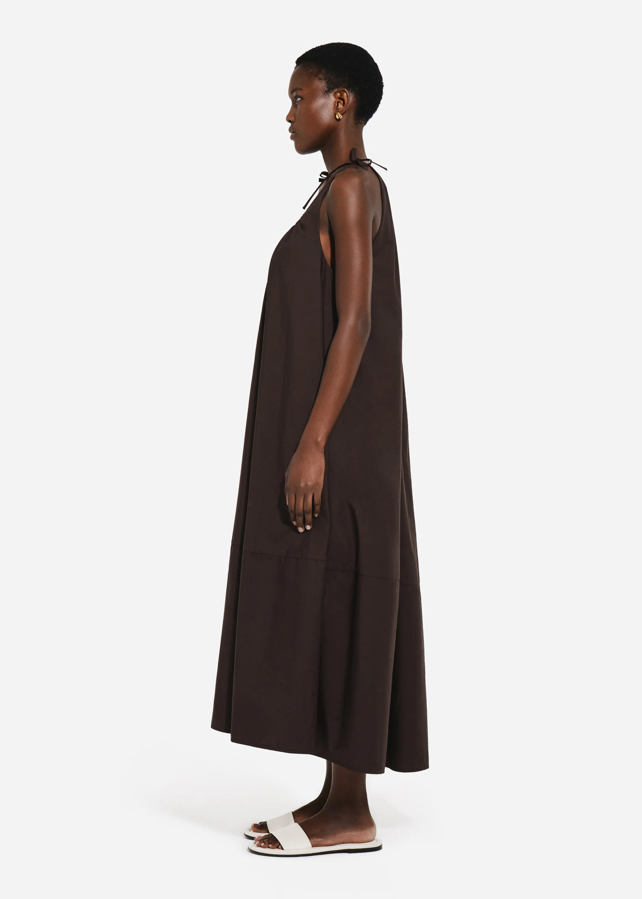 Gathered Halter Dress in Cotton Poplin - Chocolate