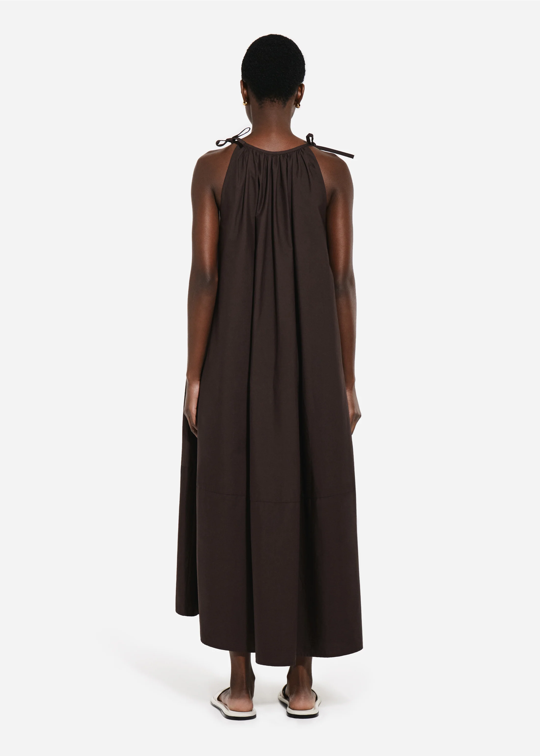 Gathered Halter Dress in Cotton Poplin - Chocolate