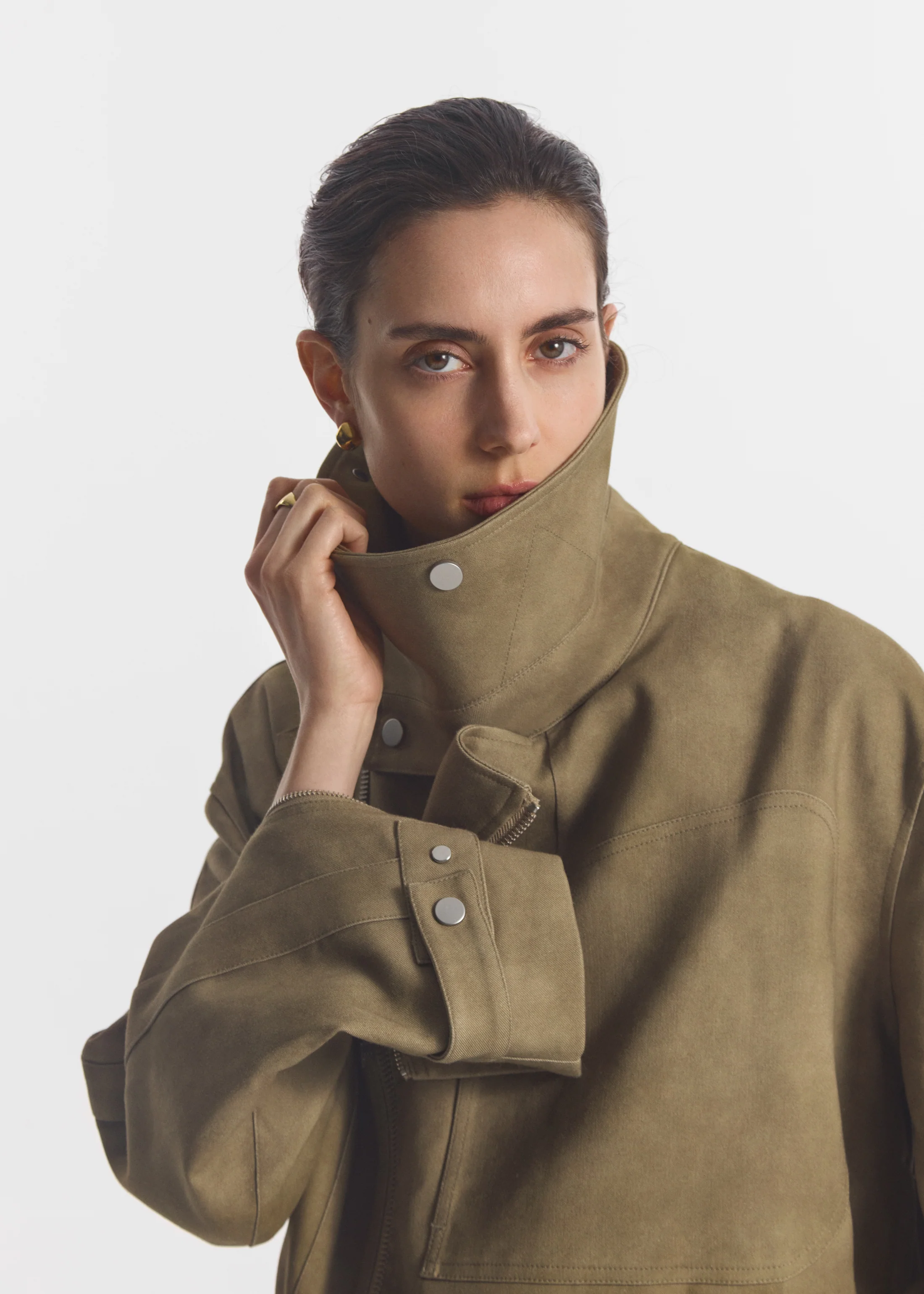 Flying Collar Moto Jacket in Cold-Dyed Cotton - Khaki