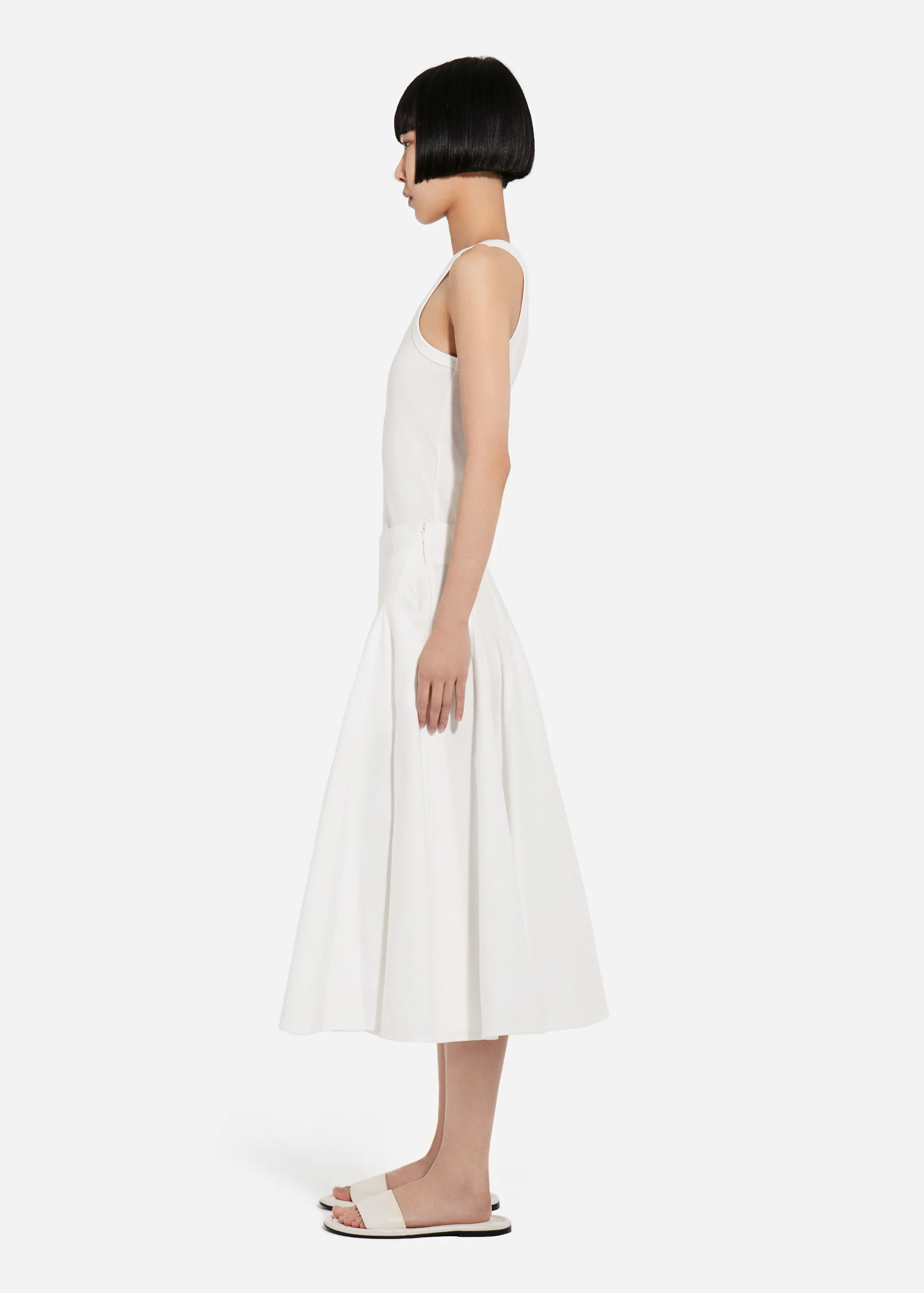 Godet Midi Skirt in Cotton Pique - White