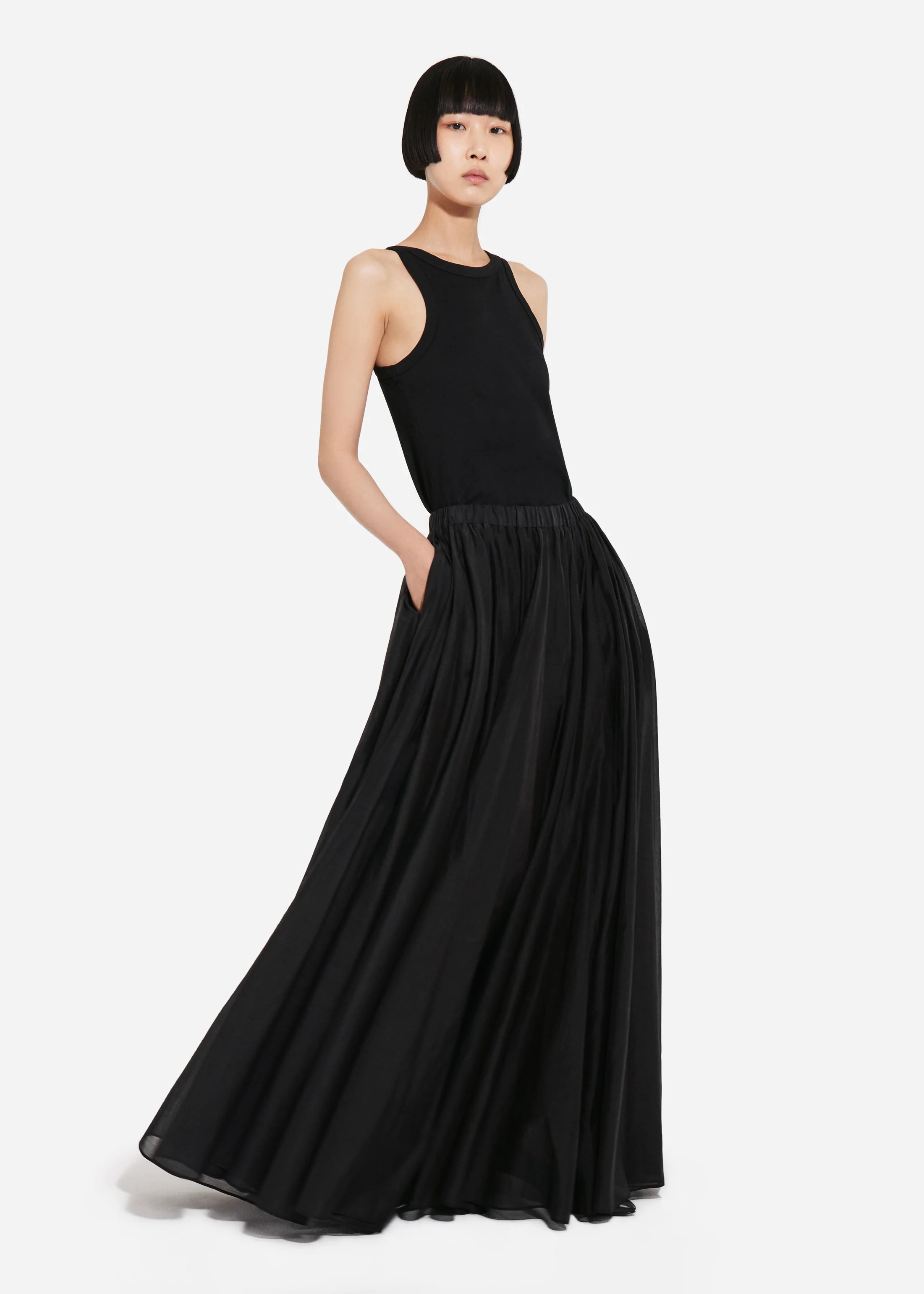 Crinoline Double Layer Skirt in Cotton Silk Voile - Black